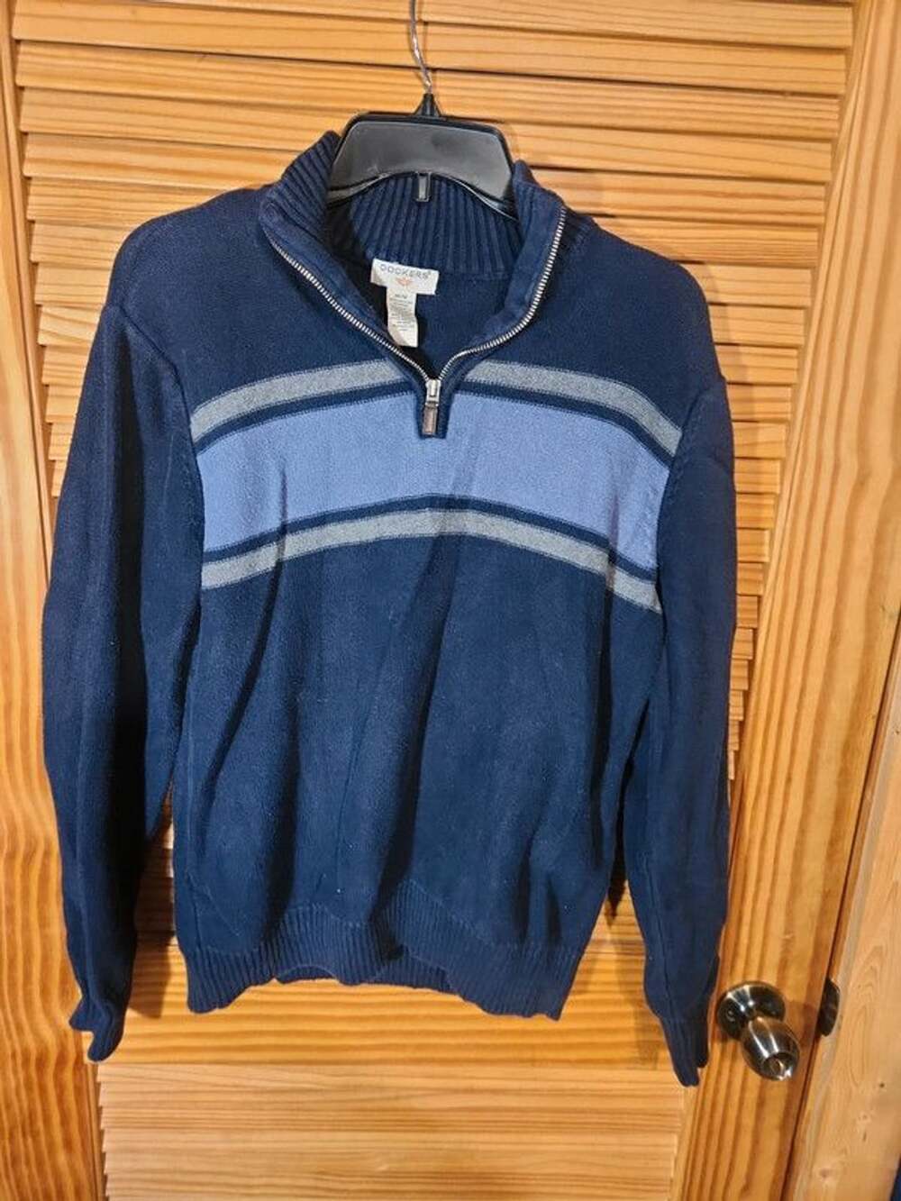 Dockers Men's Medium 100% Cotton Half Zip Striped Knit Sweater Navy Blue